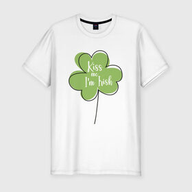Мужская футболка хлопок Slim с принтом День святого Патрика - Kiss me в Екатеринбурге, 92% хлопок, 8% лайкра | приталенный силуэт, круглый вырез ворота, длина до линии бедра, короткий рукав | kiss me i am irish | день святого патрика | зеленый | ирландия | клевер | листик | мультяшный | на английском | надпись | патрик | подарок | прикол | символ