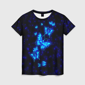 Женская футболка 3D с принтом Неоновые бабочки в Екатеринбурге, 100% полиэфир ( синтетическое хлопкоподобное полотно) | прямой крой, круглый вырез горловины, длина до линии бедер | butterfly | dream | fantasy | neon | space | stars | wings | бабочки | бабочки космос | блестящие | весна | вселенная | галактика | голубые бабочки | девочкам | девушкам | звезды | космические | космос | крыя | лето