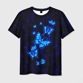 Мужская футболка 3D с принтом Неоновые бабочки в Екатеринбурге, 100% полиэфир | прямой крой, круглый вырез горловины, длина до линии бедер | butterfly | dream | fantasy | neon | space | stars | wings | бабочки | бабочки космос | блестящие | весна | вселенная | галактика | голубые бабочки | девочкам | девушкам | звезды | космические | космос | крыя | лето