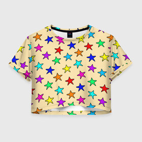 Женская футболка Crop-top 3D с принтом Детские звезды на песке в Екатеринбурге, 100% полиэстер | круглая горловина, длина футболки до линии талии, рукава с отворотами | baby | colorfull | disco | kids | stars | девочкам | детские рисунки | детям | диско | звездочки | звезды | конфетти | лето | малыш | ночные | орнамент | песок | пляж | праздник | радужные | разноцветный узор