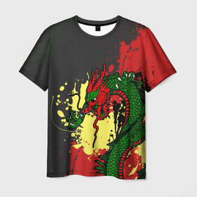 Мужская футболка 3D с принтом Chinese dragon в Екатеринбурге, 100% полиэфир | прямой крой, круглый вырез горловины, длина до линии бедер | Тематика изображения на принте: dragon | брызги | китайский дракон | монстр | ящерица