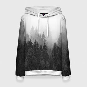 Женская толстовка 3D с принтом Туманный лес в Екатеринбурге, 100% полиэстер  | двухслойный капюшон со шнурком для регулировки, мягкие манжеты на рукавах и по низу толстовки, спереди карман-кенгуру с мягким внутренним слоем. | Тематика изображения на принте: tegunvteg | деревья | лес | листья | природа | темный лес | туман | туманный лес
