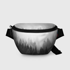 Поясная сумка 3D с принтом Туманный лес в Екатеринбурге, 100% полиэстер | плотная ткань, ремень с регулируемой длиной, внутри несколько карманов для мелочей, основное отделение и карман с обратной стороны сумки застегиваются на молнию | tegunvteg | деревья | лес | листья | природа | темный лес | туман | туманный лес