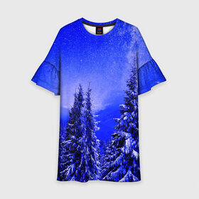 Детское платье 3D с принтом Зимний лес в Екатеринбурге, 100% полиэстер | прямой силуэт, чуть расширенный к низу. Круглая горловина, на рукавах — воланы | tegunvteg | деревья | зима | зимний лес | лес | листья | мороз | природа | снег | темный лес