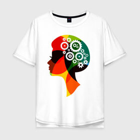 Мужская футболка хлопок Oversize с принтом шестеренки в женской голове в Екатеринбурге, 100% хлопок | свободный крой, круглый ворот, “спинка” длиннее передней части | арт | весна | восьмерка | голова | девушка | женский день | женщина | идеи | креатив | праздник | рисунок | руководитель | силуэт | ум | цветы | шестеренки