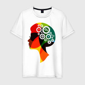 Мужская футболка хлопок с принтом шестеренки в женской голове в Екатеринбурге, 100% хлопок | прямой крой, круглый вырез горловины, длина до линии бедер, слегка спущенное плечо. | арт | весна | восьмерка | голова | девушка | женский день | женщина | идеи | креатив | праздник | рисунок | руководитель | силуэт | ум | цветы | шестеренки