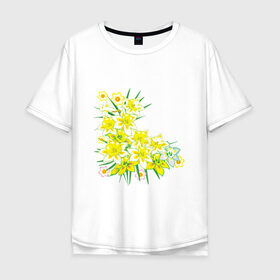 Мужская футболка хлопок Oversize с принтом Желтые нарциссы в Екатеринбурге, 100% хлопок | свободный крой, круглый ворот, “спинка” длиннее передней части | букет | весна | восьмерка | женский день | нарцисс | нарциссы | праздник | рисунок | уголок | цветы