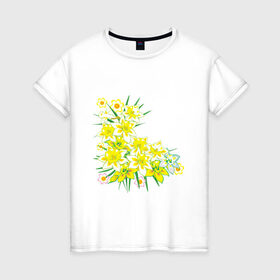 Женская футболка хлопок с принтом Желтые нарциссы в Екатеринбурге, 100% хлопок | прямой крой, круглый вырез горловины, длина до линии бедер, слегка спущенное плечо | букет | весна | восьмерка | женский день | нарцисс | нарциссы | праздник | рисунок | уголок | цветы