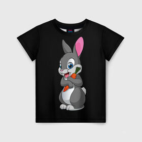 Детская футболка 3D с принтом ЗАЙКА в Екатеринбурге, 100% гипоаллергенный полиэфир | прямой крой, круглый вырез горловины, длина до линии бедер, чуть спущенное плечо, ткань немного тянется | bunny | cartoon | hare | rabbit | белый | зайчик | заяц | кролик | морковка | мультик | серый
