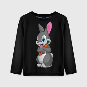 Детский лонгслив 3D с принтом ЗАЙКА в Екатеринбурге, 100% полиэстер | длинные рукава, круглый вырез горловины, полуприлегающий силуэт
 | Тематика изображения на принте: bunny | cartoon | hare | rabbit | белый | зайчик | заяц | кролик | морковка | мультик | серый