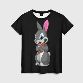 Женская футболка 3D с принтом ЗАЙКА в Екатеринбурге, 100% полиэфир ( синтетическое хлопкоподобное полотно) | прямой крой, круглый вырез горловины, длина до линии бедер | bunny | cartoon | hare | rabbit | белый | зайчик | заяц | кролик | морковка | мультик | серый