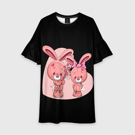 Детское платье 3D с принтом ЗАЙЧИКИ в Екатеринбурге, 100% полиэстер | прямой силуэт, чуть расширенный к низу. Круглая горловина, на рукавах — воланы | bunny | cartoon | hare | rabbit | зайка | заяц | кролик | мультик | розовый | цветы