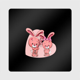 Магнит виниловый Квадрат с принтом ЗАЙЧИКИ в Екатеринбурге, полимерный материал с магнитным слоем | размер 9*9 см, закругленные углы | bunny | cartoon | hare | rabbit | зайка | заяц | кролик | мультик | розовый | цветы