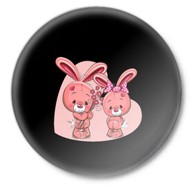 Значок с принтом ЗАЙЧИКИ в Екатеринбурге,  металл | круглая форма, металлическая застежка в виде булавки | bunny | cartoon | hare | rabbit | зайка | заяц | кролик | мультик | розовый | цветы