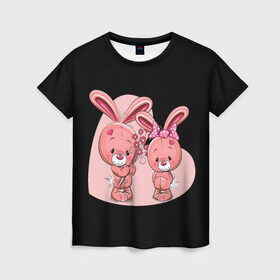 Женская футболка 3D с принтом ЗАЙЧИКИ в Екатеринбурге, 100% полиэфир ( синтетическое хлопкоподобное полотно) | прямой крой, круглый вырез горловины, длина до линии бедер | bunny | cartoon | hare | rabbit | зайка | заяц | кролик | мультик | розовый | цветы