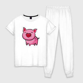 Женская пижама хлопок с принтом ПОРОСЁНОК в Екатеринбурге, 100% хлопок | брюки и футболка прямого кроя, без карманов, на брюках мягкая резинка на поясе и по низу штанин | boar | cute | pig | piglet | pink | smile | кабан | милый | поросенок | пятачок | розовый | свинья | улыбка
