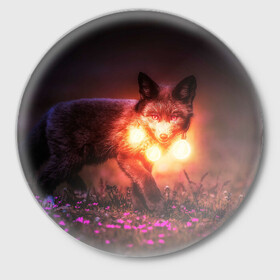 Значок с принтом Лисица с фонариками в Екатеринбурге,  металл | круглая форма, металлическая застежка в виде булавки | fox | foxy | животное | звери | лиса | лисенок | лисичка | милая | рыжая | фокс