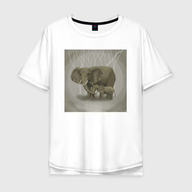Мужская футболка хлопок Oversize с принтом Слоны в Екатеринбурге, 100% хлопок | свободный крой, круглый ворот, “спинка” длиннее передней части | иллюстрация | рисунок | серый | слон | слоненок