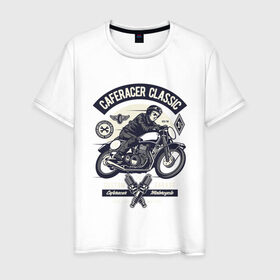 Мужская футболка хлопок с принтом кафе гонщик классический в Екатеринбурге, 100% хлопок | прямой крой, круглый вырез горловины, длина до линии бедер, слегка спущенное плечо. | Тематика изображения на принте: motorcycle | racer | гонщик | мотоцикл