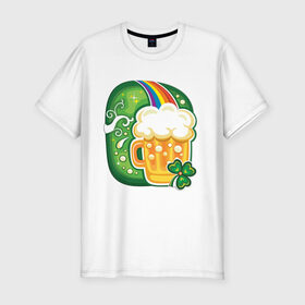 Мужская футболка хлопок Slim с принтом Традиционное питье на Патрика в Екатеринбурге, 92% хлопок, 8% лайкра | приталенный силуэт, круглый вырез ворота, длина до линии бедра, короткий рукав | 17 марта | день святого патрика | зеленый | ирландия | клевер | кружка | монеты | радуга | традиции | эль