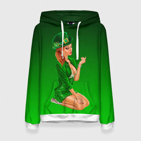 Женская толстовка 3D с принтом девушка лепрекон в зеленом в Екатеринбурге, 100% полиэстер  | двухслойный капюшон со шнурком для регулировки, мягкие манжеты на рукавах и по низу толстовки, спереди карман-кенгуру с мягким внутренним слоем. | 17 марта | девушка | день святого патрика | зеленый | зеленый костюм | ирландия | клевер | кружка | лепрекон | модель | монеты | рисунок | традиции | эль