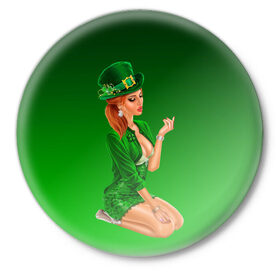 Значок с принтом девушка лепрекон в зеленом в Екатеринбурге,  металл | круглая форма, металлическая застежка в виде булавки | 17 марта | девушка | день святого патрика | зеленый | зеленый костюм | ирландия | клевер | кружка | лепрекон | модель | монеты | рисунок | традиции | эль