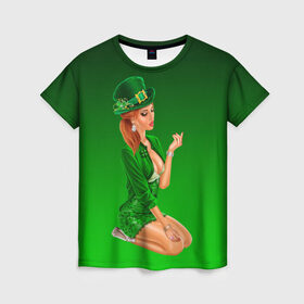 Женская футболка 3D с принтом девушка лепрекон в зеленом в Екатеринбурге, 100% полиэфир ( синтетическое хлопкоподобное полотно) | прямой крой, круглый вырез горловины, длина до линии бедер | Тематика изображения на принте: 17 марта | девушка | день святого патрика | зеленый | зеленый костюм | ирландия | клевер | кружка | лепрекон | модель | монеты | рисунок | традиции | эль