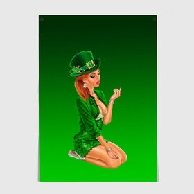Постер с принтом девушка лепрекон в зеленом в Екатеринбурге, 100% бумага
 | бумага, плотность 150 мг. Матовая, но за счет высокого коэффициента гладкости имеет небольшой блеск и дает на свету блики, но в отличии от глянцевой бумаги не покрыта лаком | Тематика изображения на принте: 17 марта | девушка | день святого патрика | зеленый | зеленый костюм | ирландия | клевер | кружка | лепрекон | модель | монеты | рисунок | традиции | эль