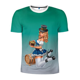 Мужская футболка 3D спортивная с принтом официантка горшок золота в Екатеринбурге, 100% полиэстер с улучшенными характеристиками | приталенный силуэт, круглая горловина, широкие плечи, сужается к линии бедра | Тематика изображения на принте: 17 марта | бочка | вечеринка | горшок | девушка | день святого патрика | зеленый | зеленый костюм | ирландия | клевер | костюм | кружка | лепрекон | модель | монеты | официантка | рисунок | традиции | эль
