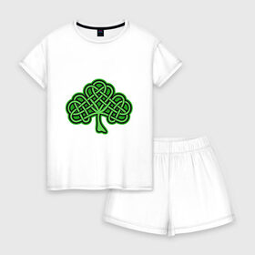 Женская пижама с шортиками хлопок с принтом кельтский клевер в Екатеринбурге, 100% хлопок | футболка прямого кроя, шорты свободные с широкой мягкой резинкой | 17 марта | день святого патрика | дерево | зеленый | ирландия | кельтский узор | клевер | рисунок | традиции | трехлистник