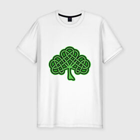 Мужская футболка хлопок Slim с принтом кельтский клевер в Екатеринбурге, 92% хлопок, 8% лайкра | приталенный силуэт, круглый вырез ворота, длина до линии бедра, короткий рукав | Тематика изображения на принте: 17 марта | день святого патрика | дерево | зеленый | ирландия | кельтский узор | клевер | рисунок | традиции | трехлистник