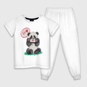 Детская пижама хлопок с принтом Акварельная милая панда в Екатеринбурге, 100% хлопок |  брюки и футболка прямого кроя, без карманов, на брюках мягкая резинка на поясе и по низу штанин
 | Тематика изображения на принте: hi | акварель | любовь | мило | няшно | панда | привет
