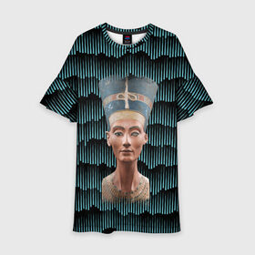 Детское платье 3D с принтом Нефертити в Екатеринбурге, 100% полиэстер | прямой силуэт, чуть расширенный к низу. Круглая горловина, на рукавах — воланы | Тематика изображения на принте: африка | божества | волны | геометрия | египет | маска | нефертити | фараон | царица
