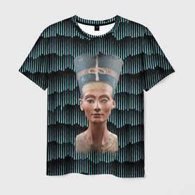 Мужская футболка 3D с принтом Нефертити в Екатеринбурге, 100% полиэфир | прямой крой, круглый вырез горловины, длина до линии бедер | африка | божества | волны | геометрия | египет | маска | нефертити | фараон | царица