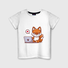 Детская футболка хлопок с принтом Cute fox and laptop в Екатеринбурге, 100% хлопок | круглый вырез горловины, полуприлегающий силуэт, длина до линии бедер | Тематика изображения на принте: fox | laptop | love | кицуне | кицунэ | комп | компьютер | лапа | лапка | лиса | лисенок | лисичка | лэптоп | любовь | ноут | ноутбук | отпечаток | очки | привет | рука | ручка | сердечко | сердце