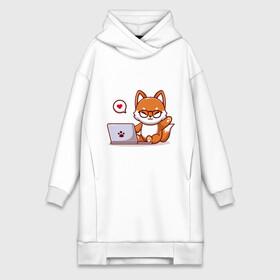 Платье-худи хлопок с принтом Cute fox and laptop в Екатеринбурге,  |  | fox | laptop | love | кицуне | кицунэ | комп | компьютер | лапа | лапка | лиса | лисенок | лисичка | лэптоп | любовь | ноут | ноутбук | отпечаток | очки | привет | рука | ручка | сердечко | сердце