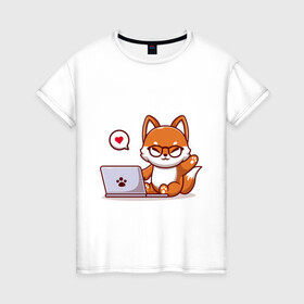 Женская футболка хлопок с принтом Cute fox and laptop в Екатеринбурге, 100% хлопок | прямой крой, круглый вырез горловины, длина до линии бедер, слегка спущенное плечо | fox | laptop | love | кицуне | кицунэ | комп | компьютер | лапа | лапка | лиса | лисенок | лисичка | лэптоп | любовь | ноут | ноутбук | отпечаток | очки | привет | рука | ручка | сердечко | сердце