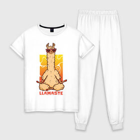 Женская пижама хлопок с принтом Llamaste в Екатеринбурге, 100% хлопок | брюки и футболка прямого кроя, без карманов, на брюках мягкая резинка на поясе и по низу штанин | art | lama | meditation | namaste | yoga | арт | йога | лама | медитация | намасте