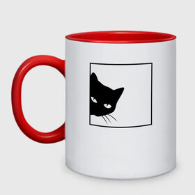 Кружка двухцветная с принтом BLACK CAT | ЧЕРНАЯ КОШКА в Екатеринбурге, керамика | объем — 330 мл, диаметр — 80 мм. Цветная ручка и кайма сверху, в некоторых цветах — вся внутренняя часть | Тематика изображения на принте: black | cat | cats | creative | hunter | minimalism | night | кот | коте | котенок | котэ | кошка | креатив | креативная | минимализм | надпись | ночь | охотник | текст | черная | черный