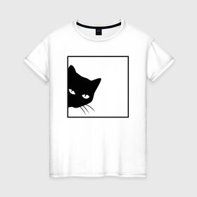 Женская футболка хлопок с принтом BLACK CAT | ЧЕРНАЯ КОШКА в Екатеринбурге, 100% хлопок | прямой крой, круглый вырез горловины, длина до линии бедер, слегка спущенное плечо | black | cat | cats | creative | hunter | minimalism | night | кот | коте | котенок | котэ | кошка | креатив | креативная | минимализм | надпись | ночь | охотник | текст | черная | черный