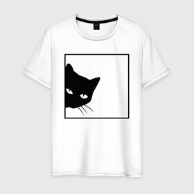 Мужская футболка хлопок с принтом BLACK CAT | ЧЕРНАЯ КОШКА в Екатеринбурге, 100% хлопок | прямой крой, круглый вырез горловины, длина до линии бедер, слегка спущенное плечо. | black | cat | cats | creative | hunter | minimalism | night | кот | коте | котенок | котэ | кошка | креатив | креативная | минимализм | надпись | ночь | охотник | текст | черная | черный