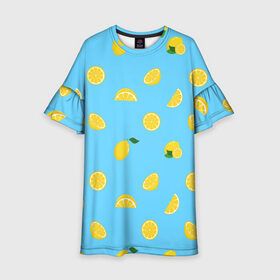 Детское платье 3D с принтом Лимоны на голубом в Екатеринбурге, 100% полиэстер | прямой силуэт, чуть расширенный к низу. Круглая горловина, на рукавах — воланы | citrus | lemon | pattern | seamless | summer | tropical | желтый | лето | лимон | природа | тропики | узор | фрукты | цитрус | экзотика
