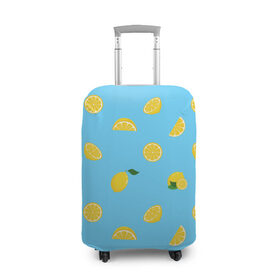 Чехол для чемодана 3D с принтом Лимоны на голубом в Екатеринбурге, 86% полиэфир, 14% спандекс | двустороннее нанесение принта, прорези для ручек и колес | citrus | lemon | pattern | seamless | summer | tropical | желтый | лето | лимон | природа | тропики | узор | фрукты | цитрус | экзотика