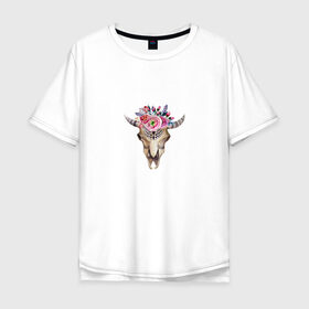 Мужская футболка хлопок Oversize с принтом Черепушка в бохо-стиле в Екатеринбурге, 100% хлопок | свободный крой, круглый ворот, “спинка” длиннее передней части | бохо | бохо стиль | череп коровы | череп с цветами