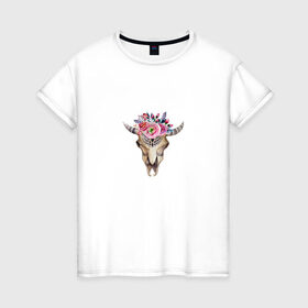 Женская футболка хлопок с принтом Черепушка в бохо-стиле в Екатеринбурге, 100% хлопок | прямой крой, круглый вырез горловины, длина до линии бедер, слегка спущенное плечо | бохо | бохо стиль | череп коровы | череп с цветами