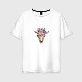 Женская футболка хлопок Oversize с принтом Черепушка в бохо-стиле в Екатеринбурге, 100% хлопок | свободный крой, круглый ворот, спущенный рукав, длина до линии бедер
 | бохо | бохо стиль | череп коровы | череп с цветами