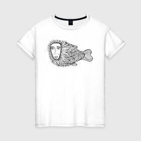 Женская футболка хлопок с принтом Пернатая рыба в Екатеринбурге, 100% хлопок | прямой крой, круглый вырез горловины, длина до линии бедер, слегка спущенное плечо | графика | девушка | пернатая рыба | рыба | черно белая