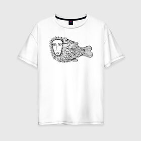 Женская футболка хлопок Oversize с принтом Пернатая рыба в Екатеринбурге, 100% хлопок | свободный крой, круглый ворот, спущенный рукав, длина до линии бедер
 | графика | девушка | пернатая рыба | рыба | черно белая