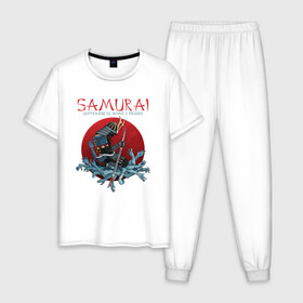 Мужская пижама хлопок с принтом Самурай в Екатеринбурге, 100% хлопок | брюки и футболка прямого кроя, без карманов, на брюках мягкая резинка на поясе и по низу штанин
 | Тематика изображения на принте: воин | доспехи | катана | меч | руки | самурай | самурайский меч | страдания | япония