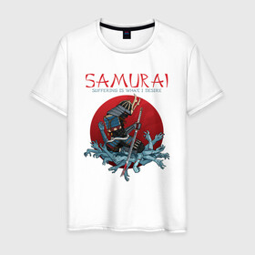 Мужская футболка хлопок с принтом Самурай в Екатеринбурге, 100% хлопок | прямой крой, круглый вырез горловины, длина до линии бедер, слегка спущенное плечо. | воин | доспехи | катана | меч | руки | самурай | самурайский меч | страдания | япония